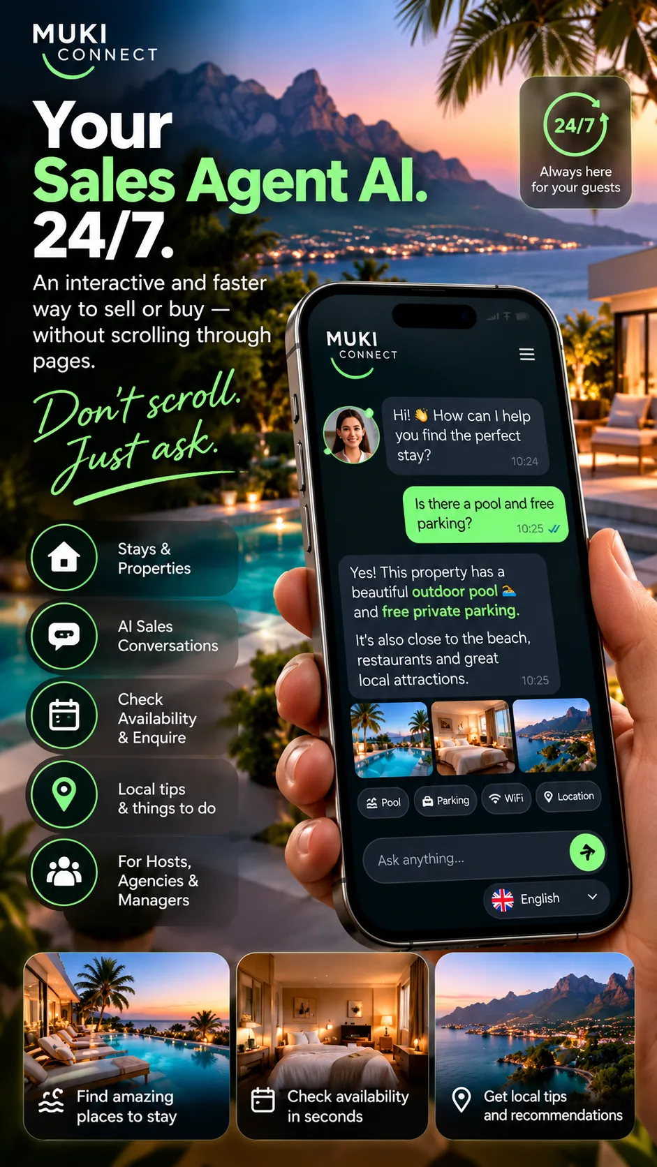Sales Agent AI on a phone with property images, availability and local tips