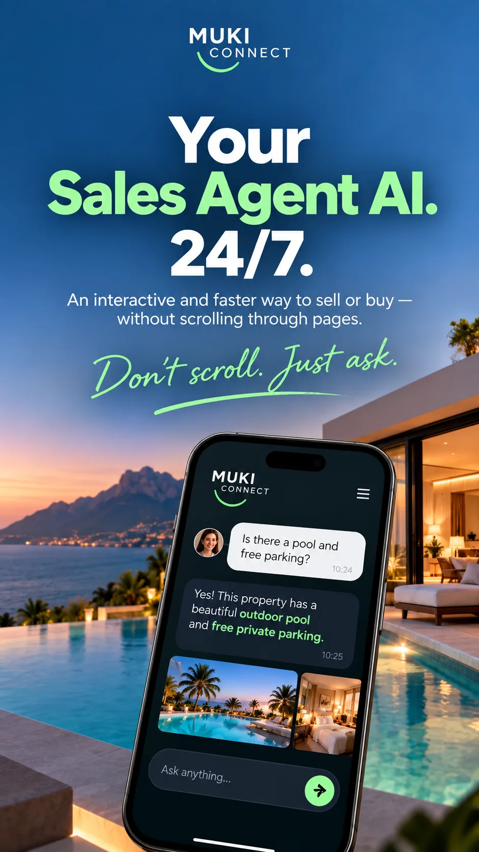 Sales Agent AI mobile experience over a modern property with pool